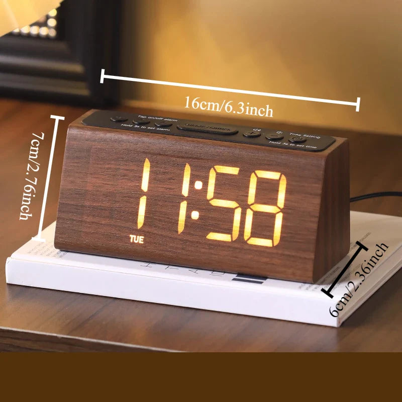 Retro Wooden LED Digital Alarm Clock - HD Display, 3-Level Dimmer