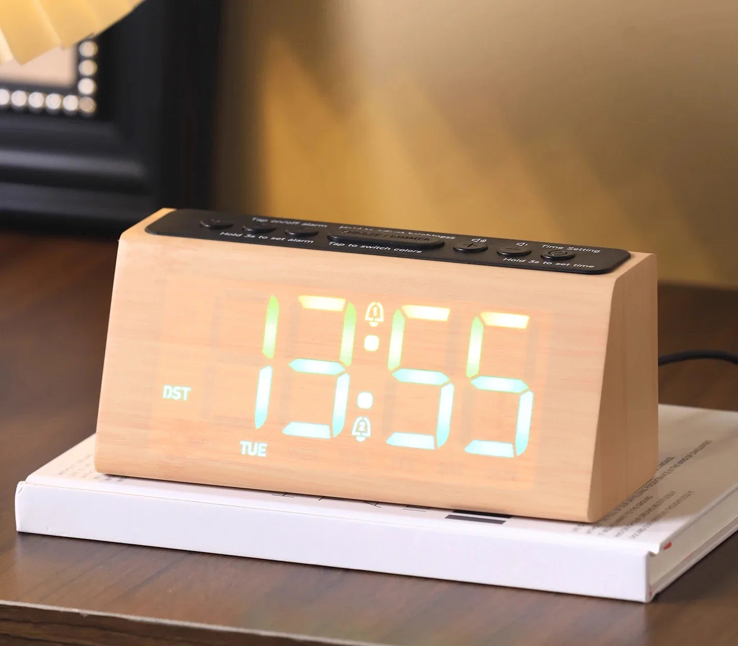 Retro Wooden LED Digital Alarm Clock - HD Display, 3-Level Dimmer