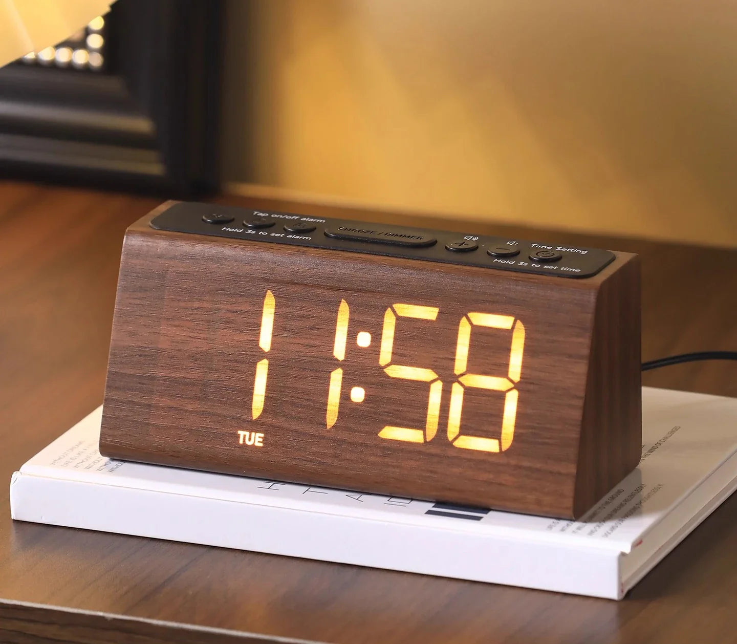 Retro Wooden LED Digital Alarm Clock - HD Display, 3-Level Dimmer
