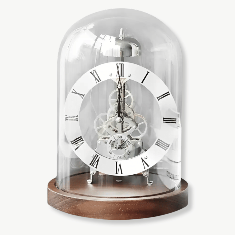 Tempus Machina mechanical tabletop clock with glass dome and black walnut base in gold finish