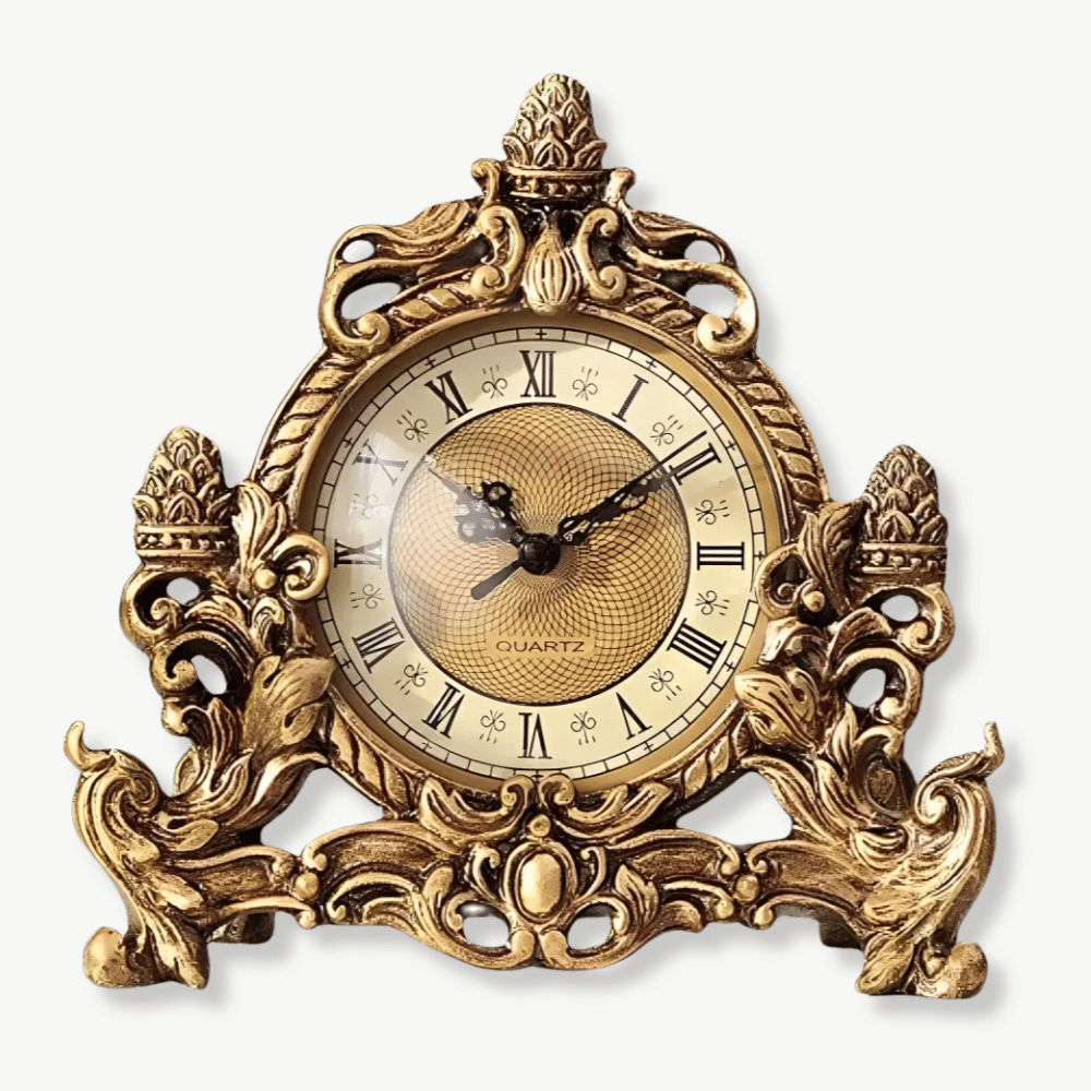 Vintage tabletop clock with analog hands on a wooden desk
