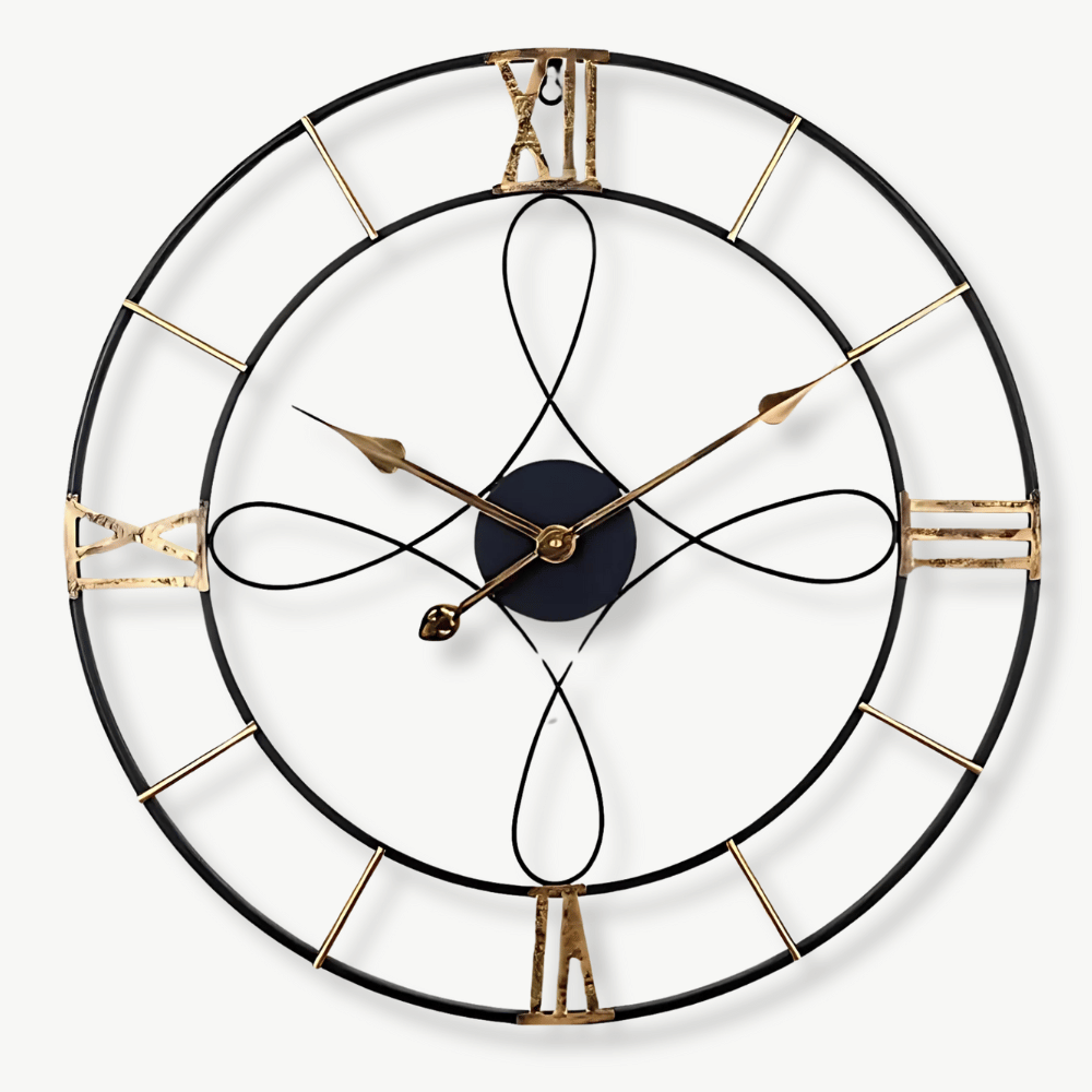 Black and gold forged iron wall clock 60 cm circular on a living room wall