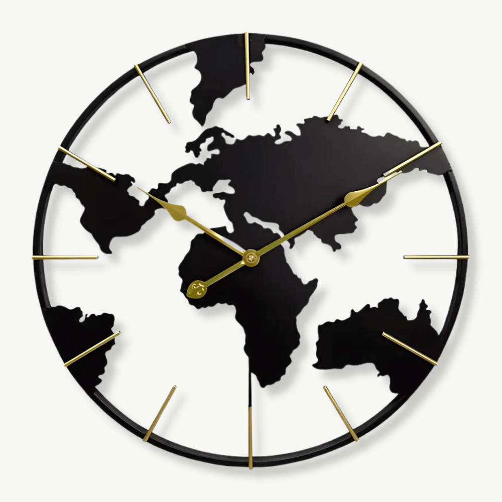 Round world map wall clock with metal dial, 60 cm diameter