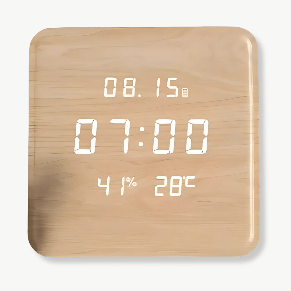 Digital wood wall clock with LED display in dark wood round frame