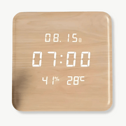 Digital wood wall clock with LED display in dark wood round frame