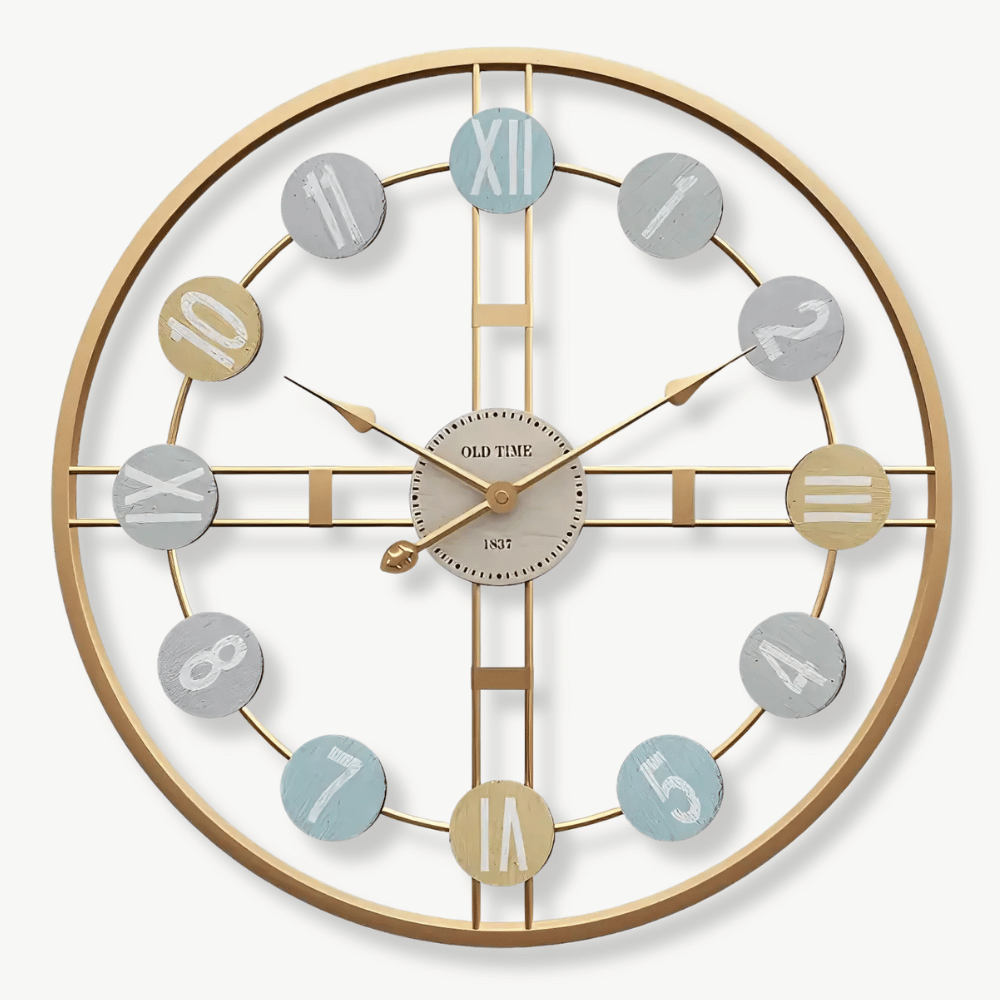 3D retro metal wall clock with Roman numerals in gold finish