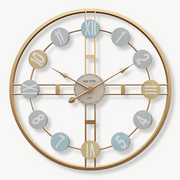 3D retro metal wall clock with Roman numerals in gold finish