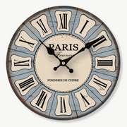 Vintage Paris wooden wall clock with Roman numerals in blue and white