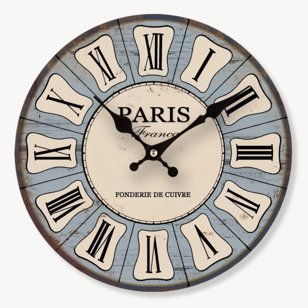 Vintage Paris wooden wall clock with Roman numerals in blue and white