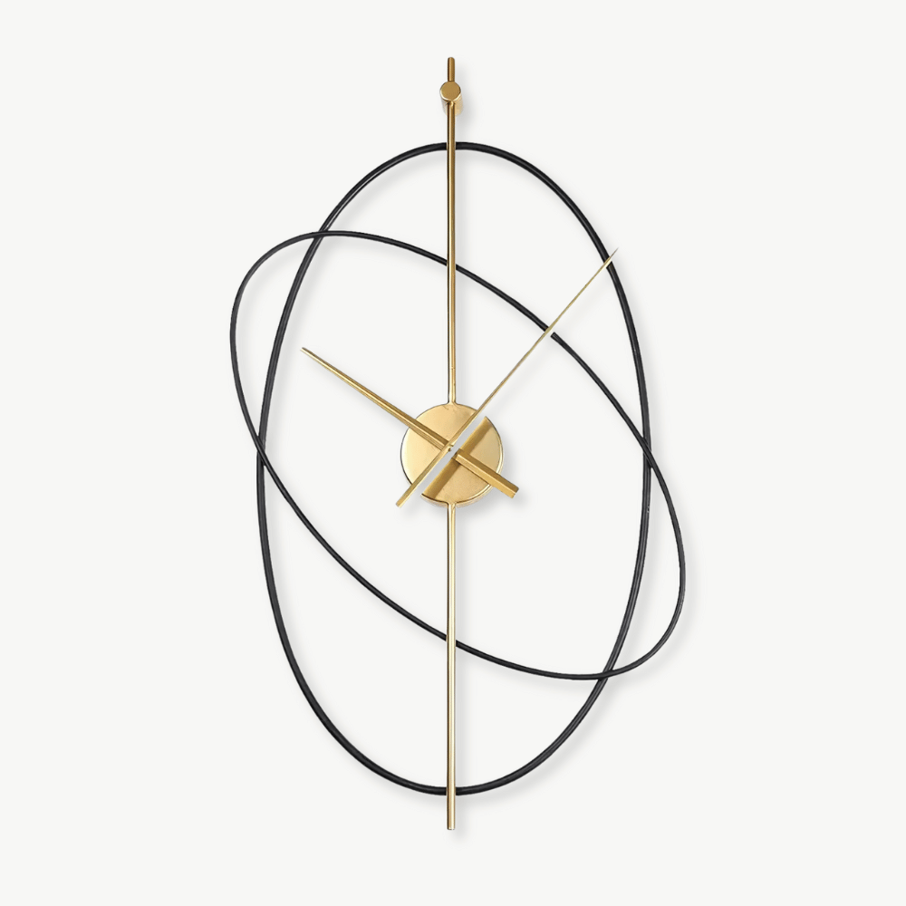 Luxury rings silent wall clock with oval metal frame on a living room wall