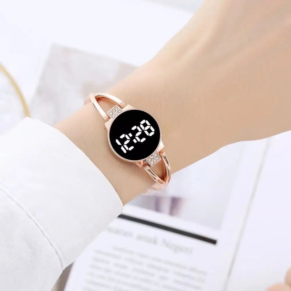 Silver women's quartz LED watch with slim vegan leather band