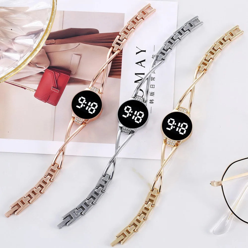 Women's LED watch in black, silver, and rose gold color options