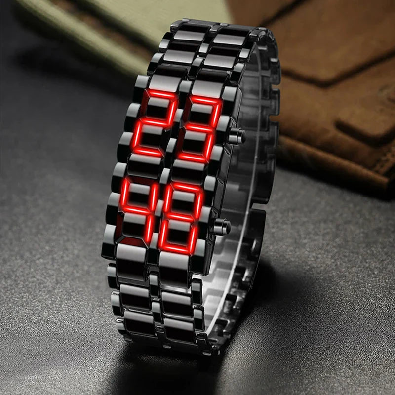 Men's metal LED digital watch with red and blue LED display on black band