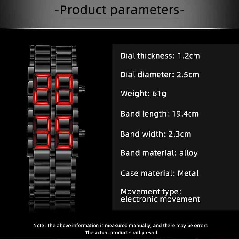Close-up of stainless steel LED watch case showing time and date