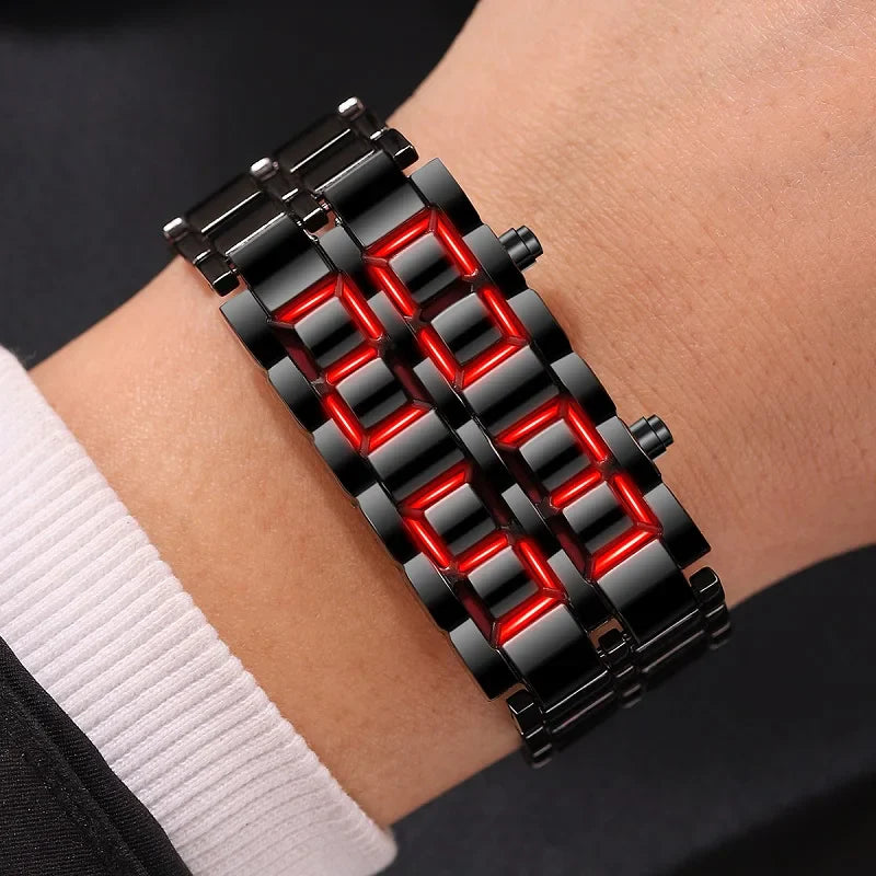 LED watch in silver and blue color variant on white background
