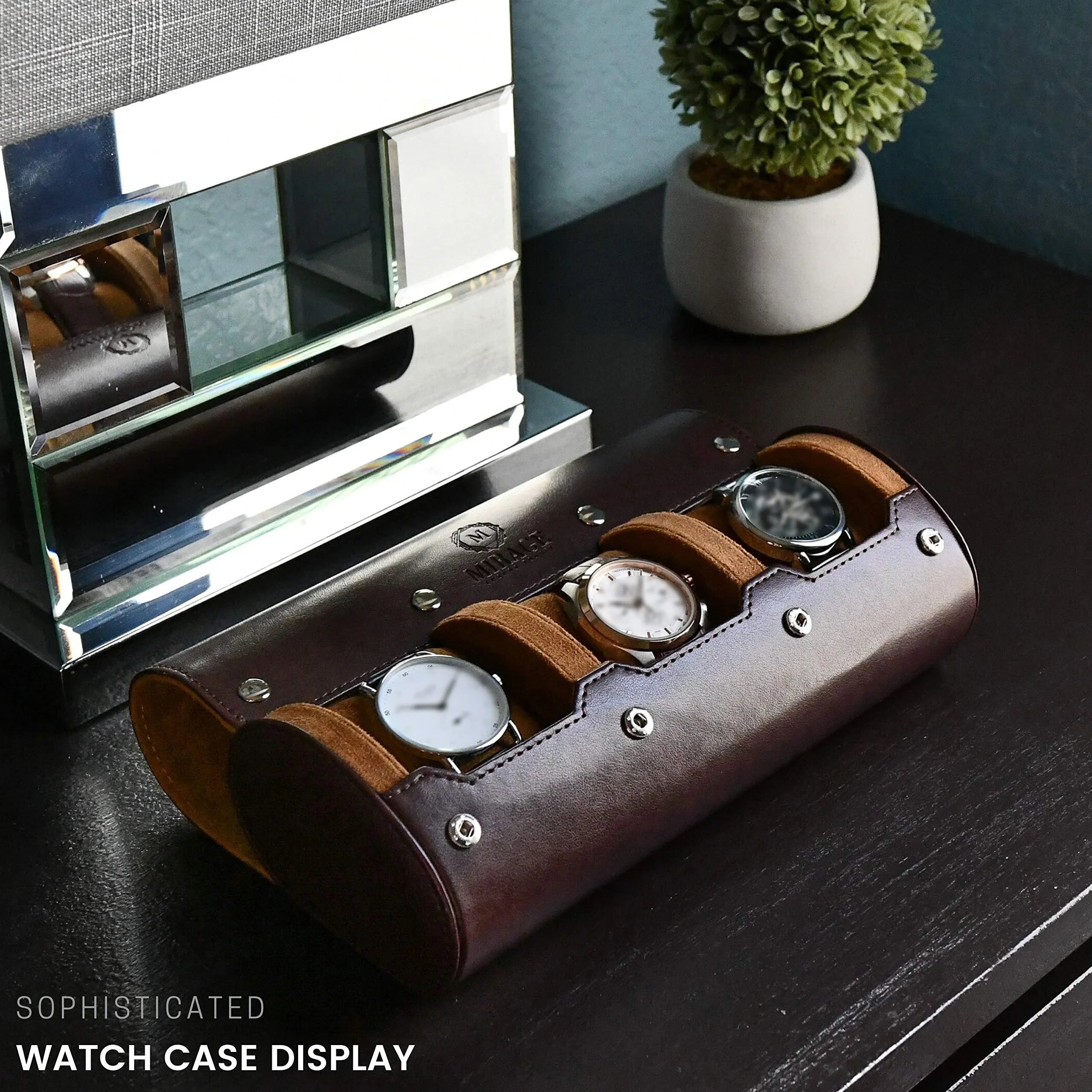 Watch organizer roll in midnight blue with watches stored in individual slots
