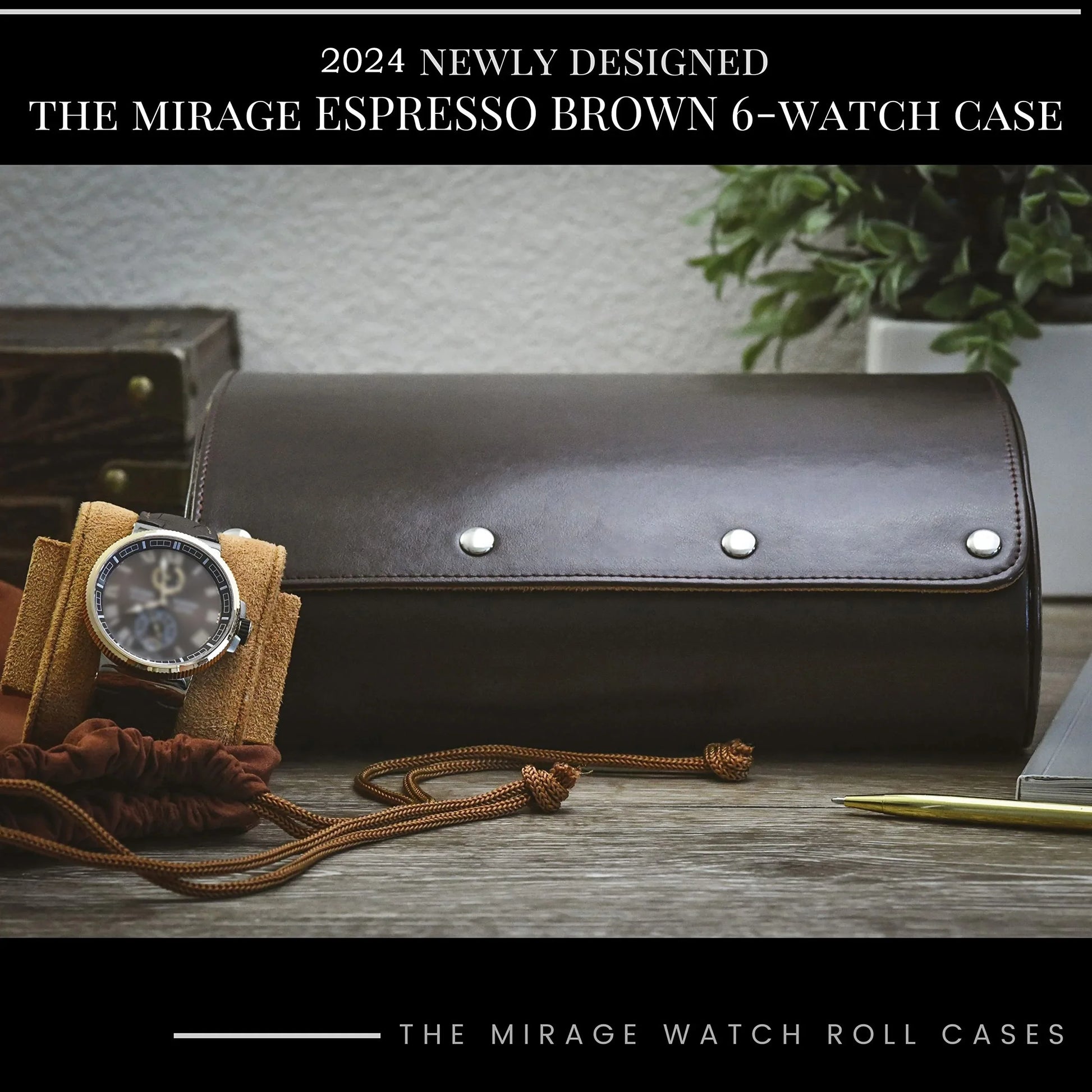 Coffee brown PU leather watch roll laid flat on a wooden surface