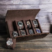 Black genuine leather watch box with zipper closure holding 6 watches