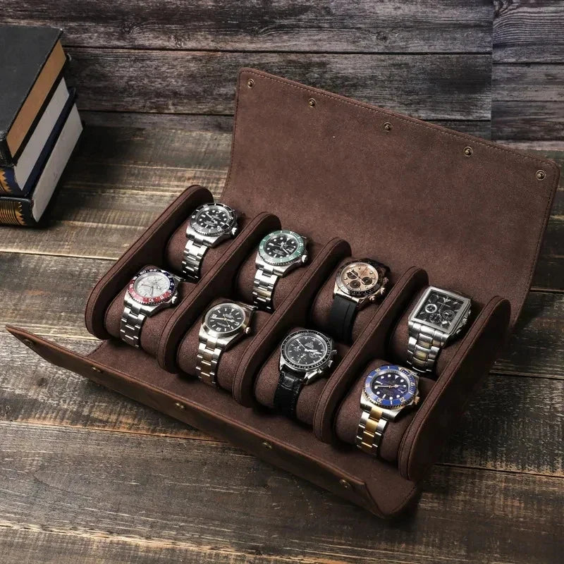 Open leather watch organizer displaying 6 watches in individual slots