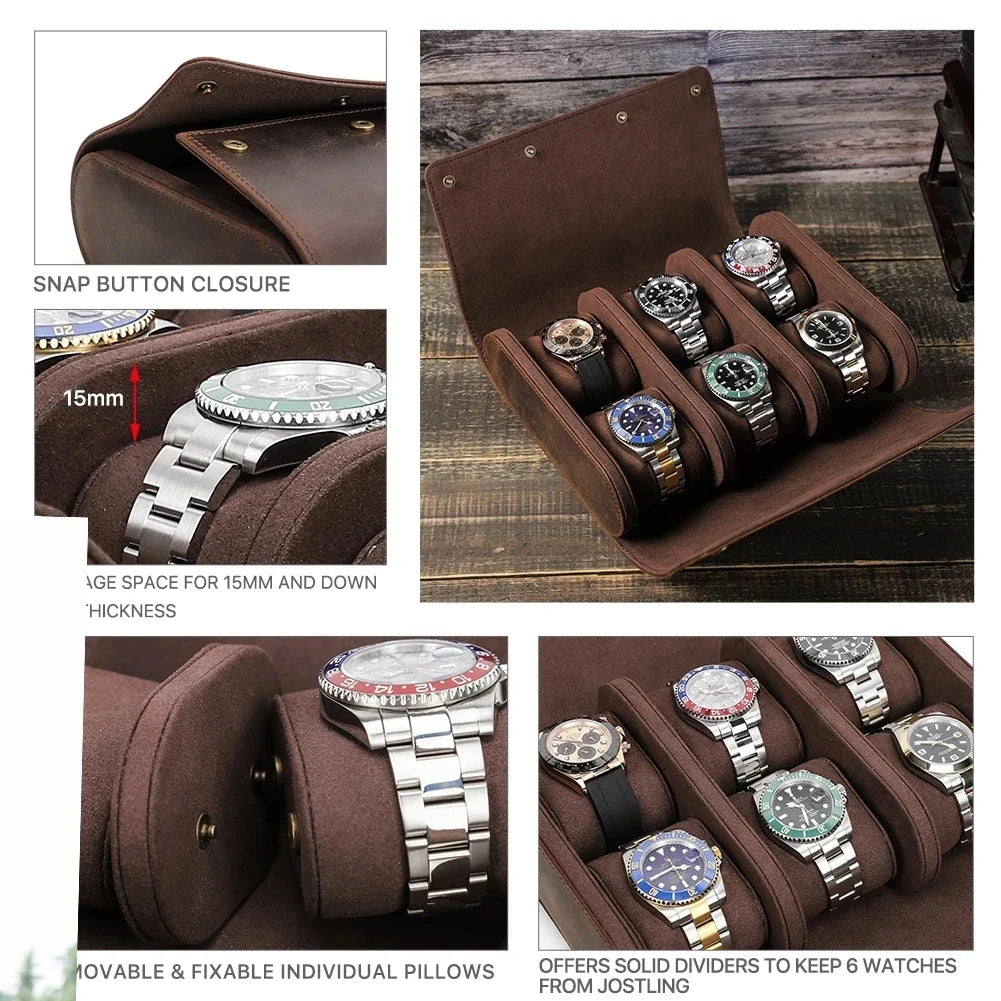 Compact leather watch storage case on a dresser top