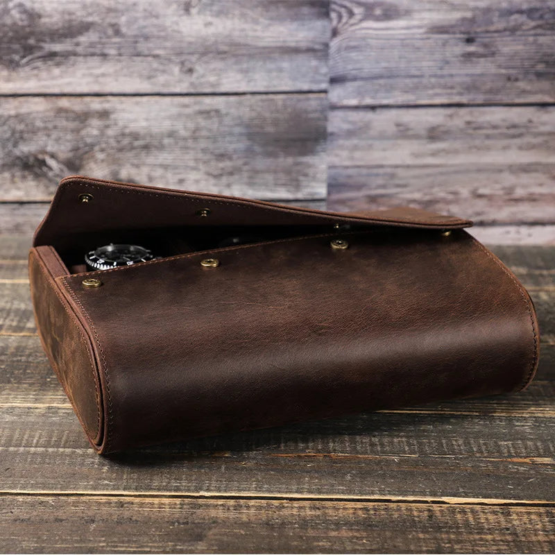 8-slot genuine leather watch organizer case in black