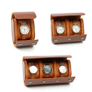 Vintage leather watch organizer with 3 slots in brown, buckle closure closed