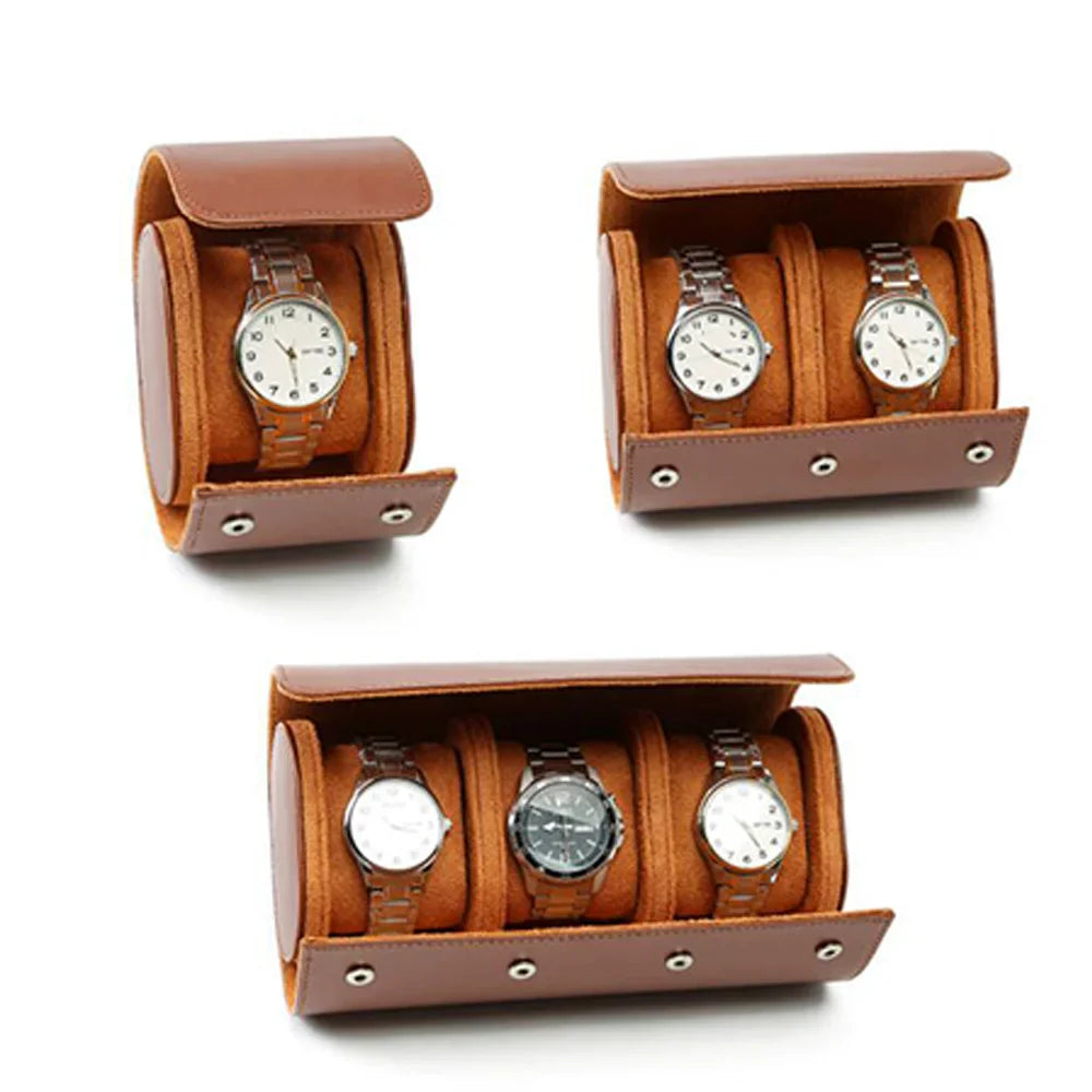 Vintage leather watch organizer with 3 slots in brown, buckle closure closed