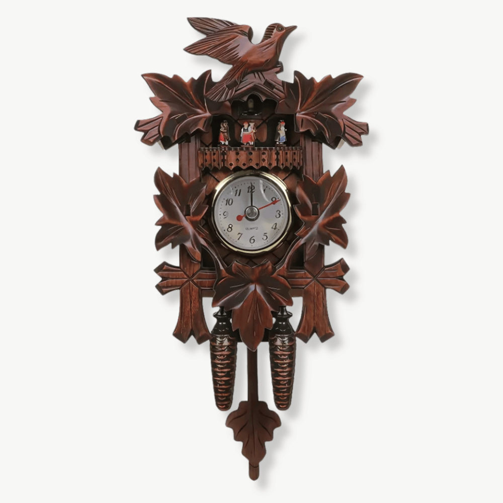 Traditional wooden cuckoo clock with European motifs in coffee-tone finish