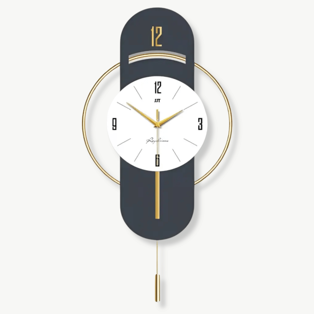 Modern geometric wall clock in bamboo metal and acrylic mounted on a white living room wall