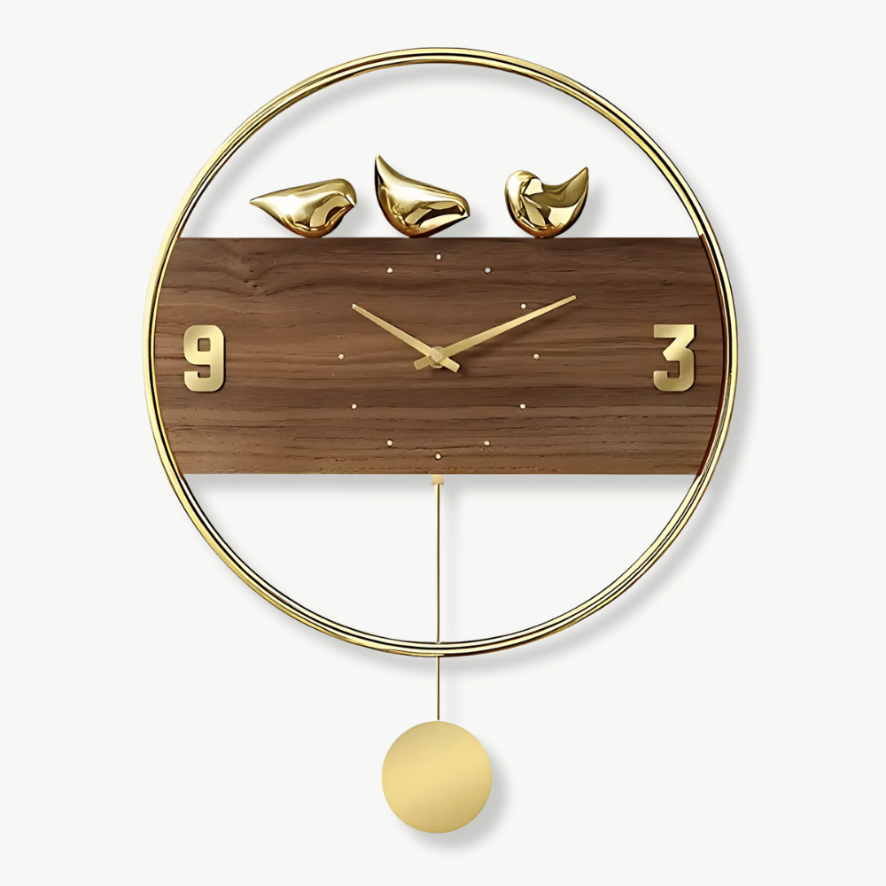 Golden birds 3D pendulum wall clock with gold metal and wood frame