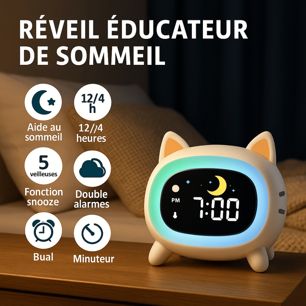Cat alarm clock with glowing LED display in the dark