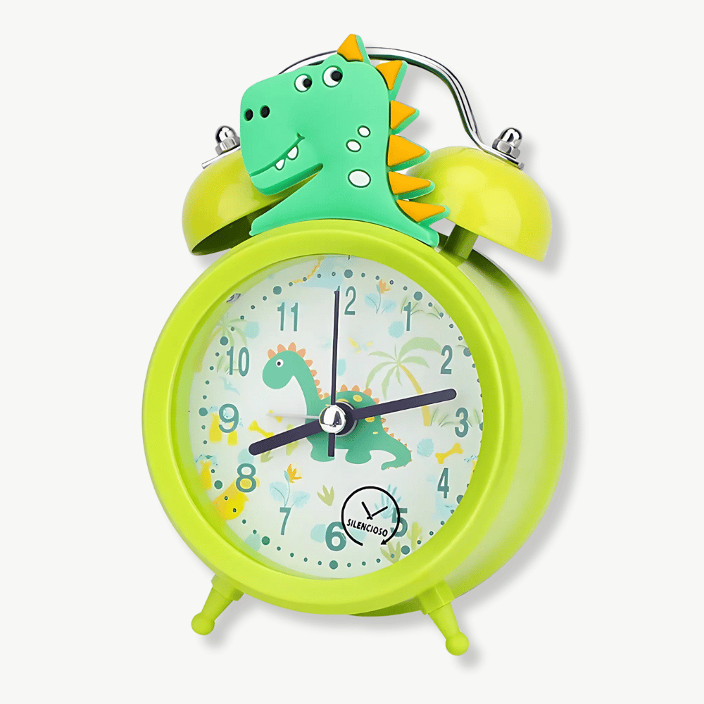 Cartoon dinosaur alarm clock with dual bell on a kids bedroom nightstand