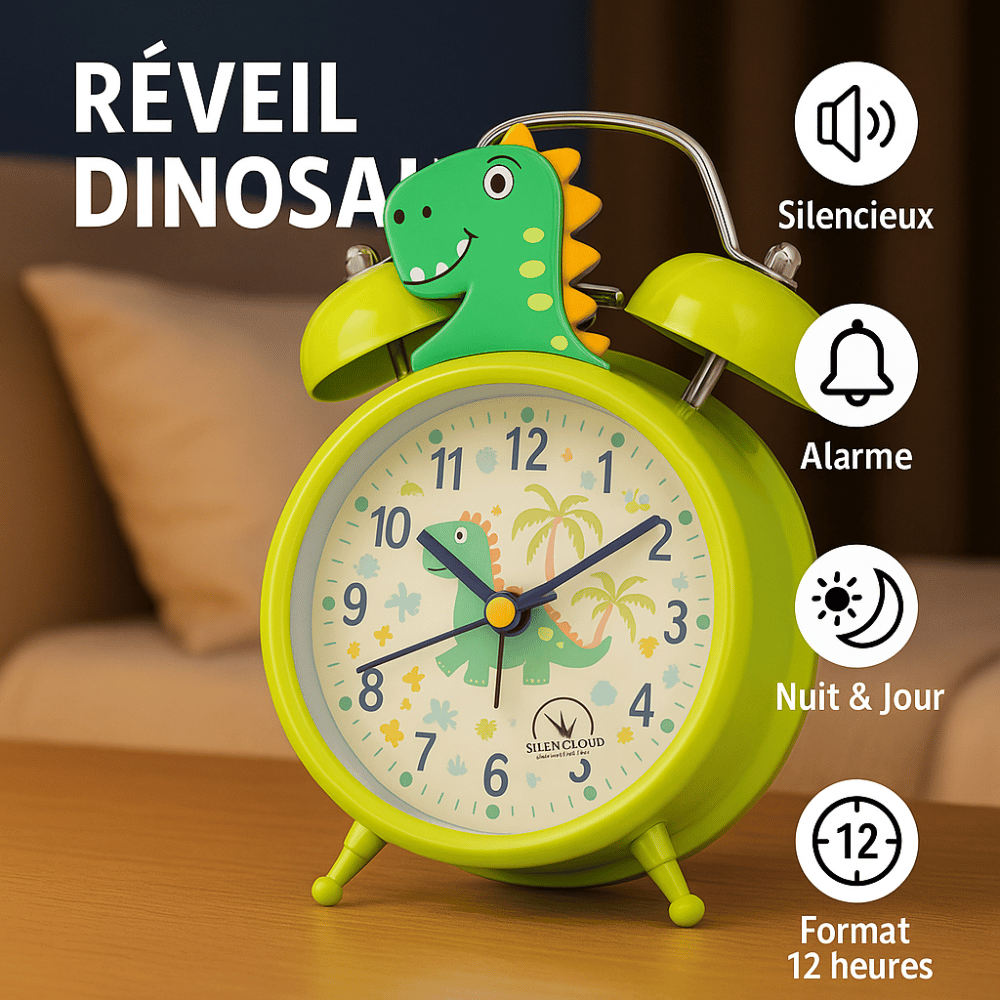 Close-up of analog clock face with LUMINOVA glow feature on dinosaur alarm clock