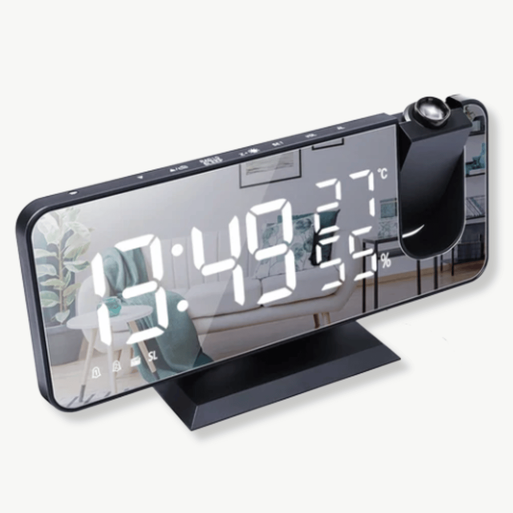 LED dual alarm clock with ceiling projection in black showing time temperature and humidity