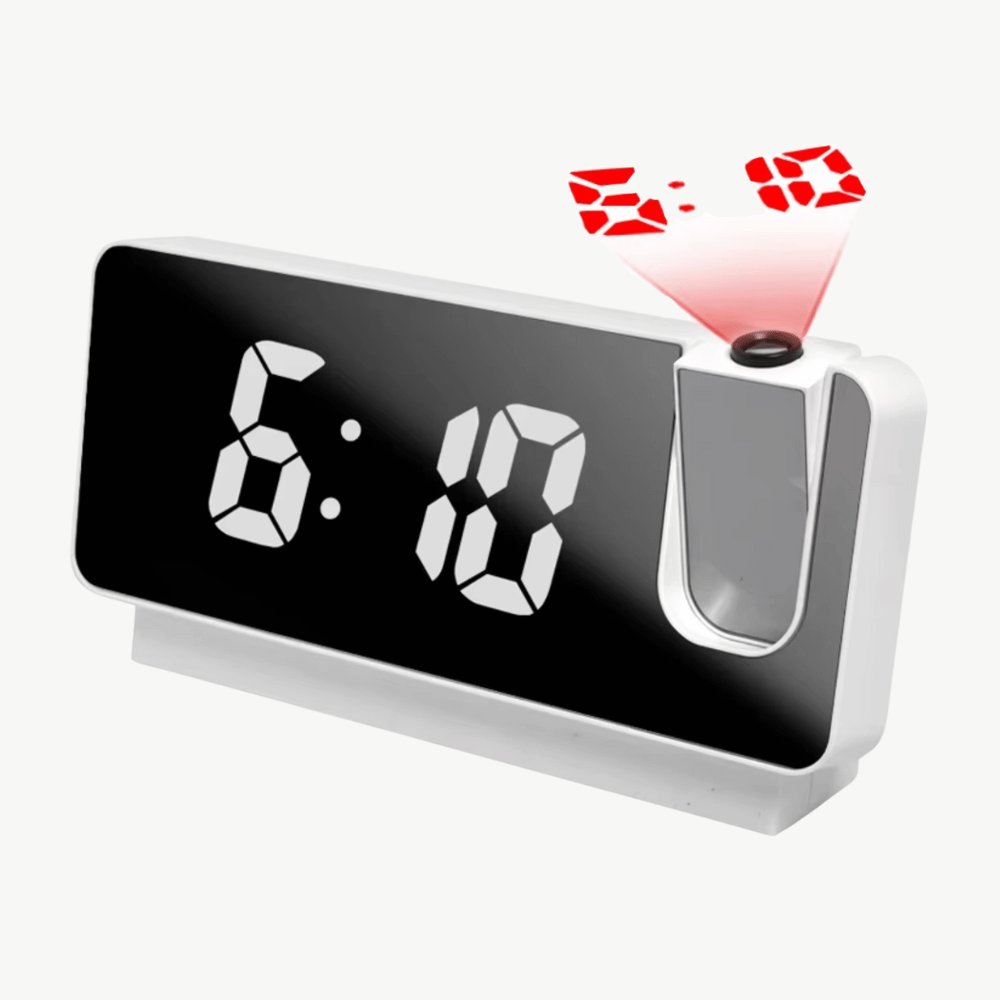 Black LED projector alarm clock displaying time on ceiling