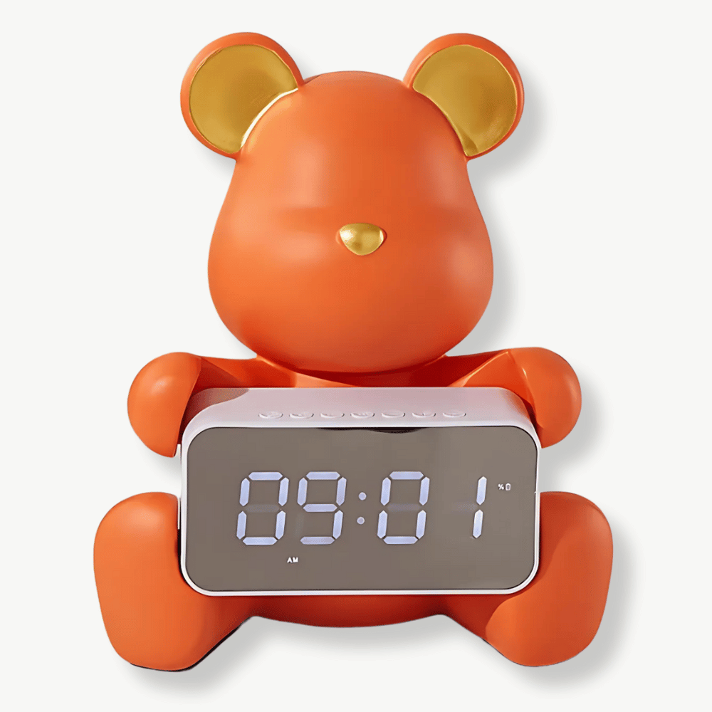 Standing bear LED alarm clock in white with dual-sided LED display on nightstand