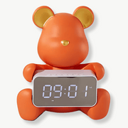 Standing bear LED alarm clock in white with dual-sided LED display on nightstand
