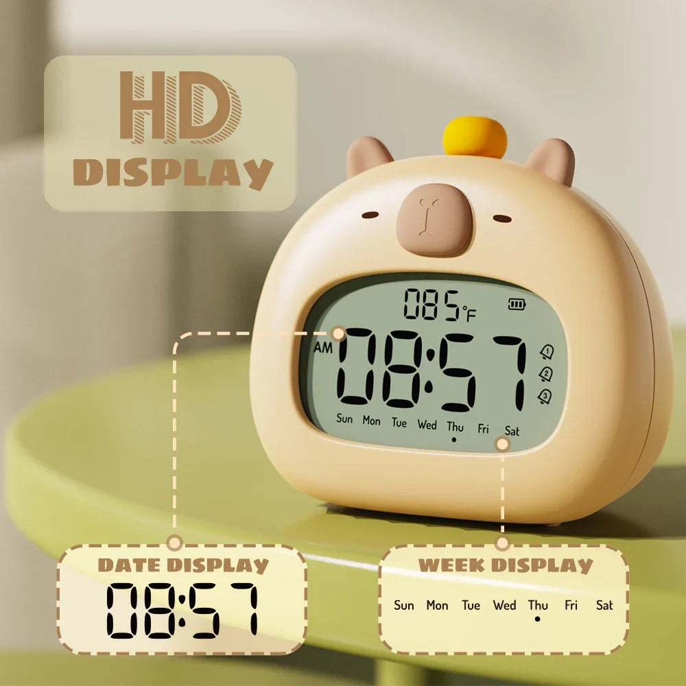 Axolotl-style kids alarm clock glowing softly as a night light in a dark bedroom
