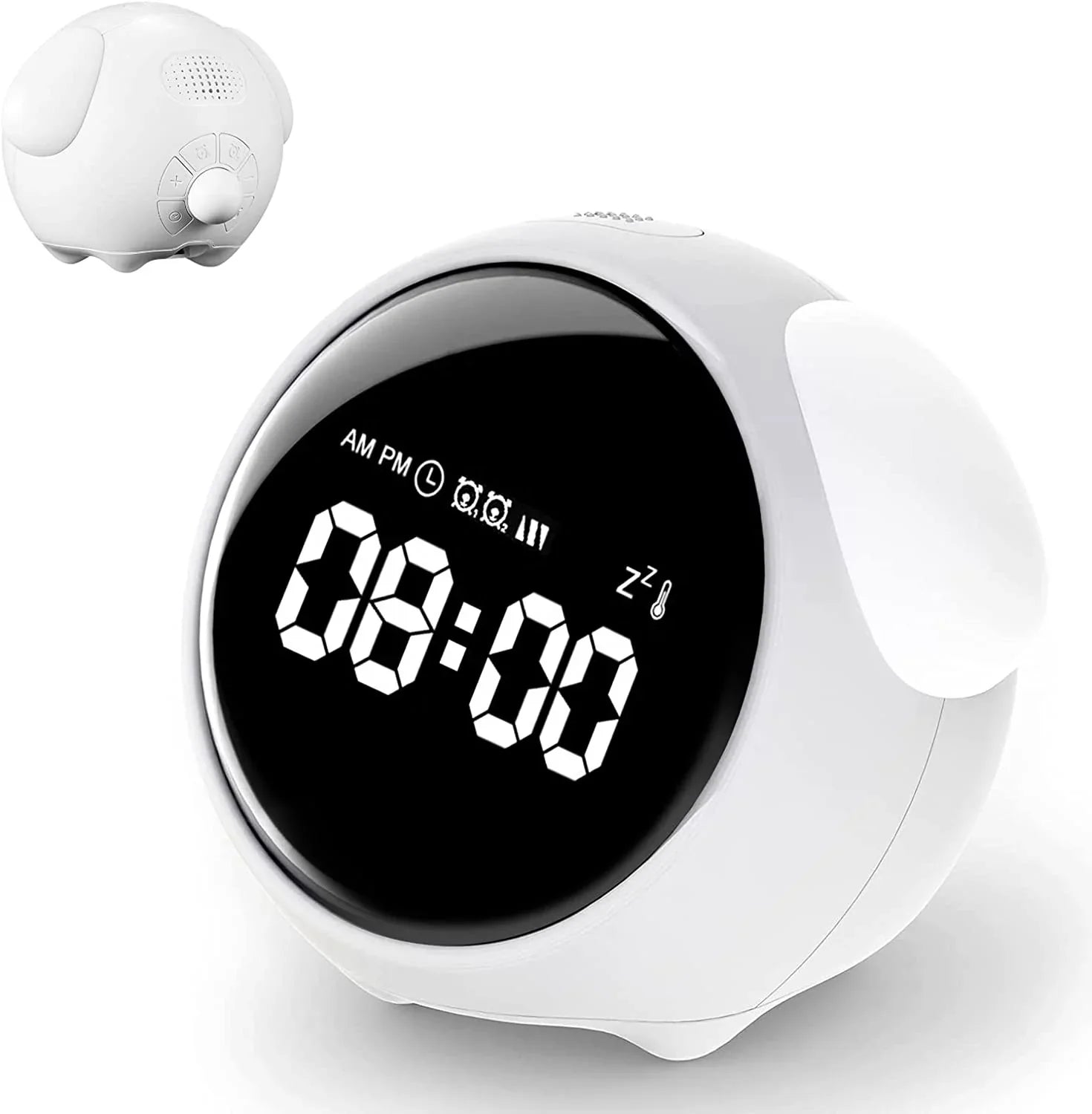 White children's digital alarm clock showing time and temperature