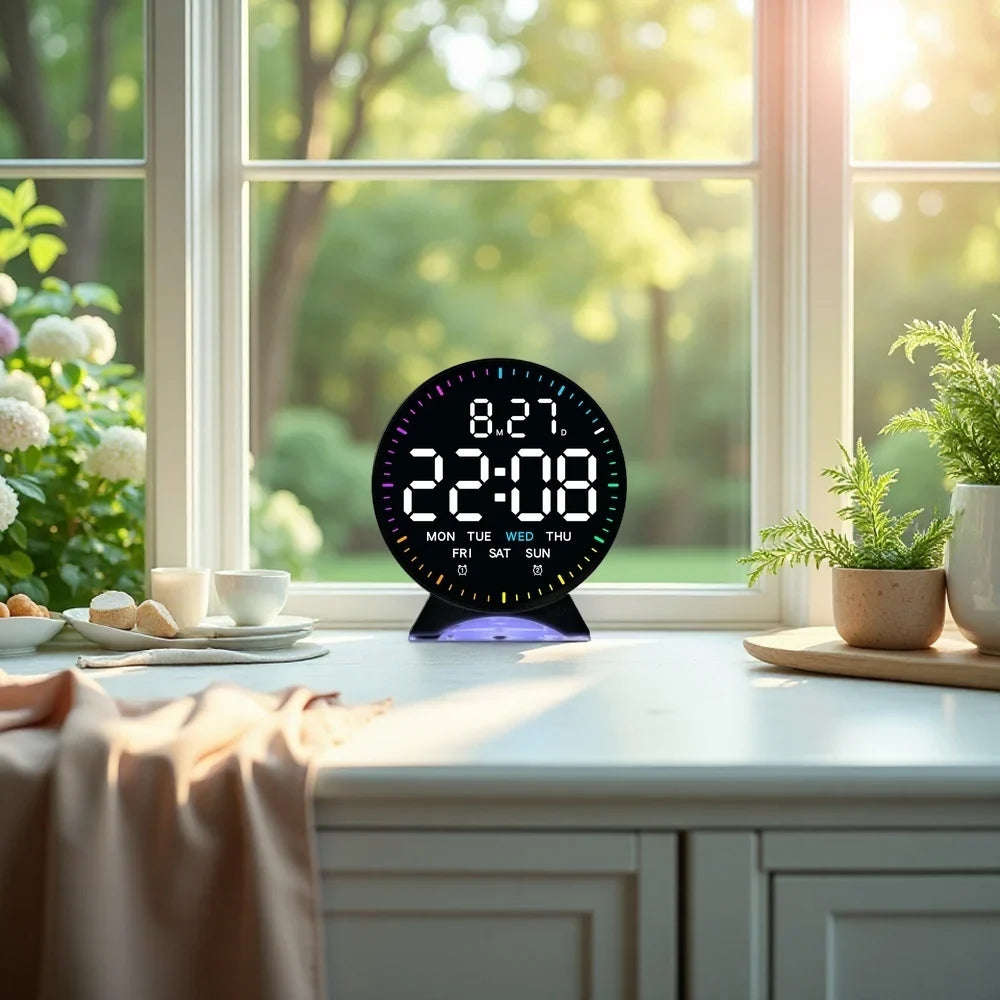 LED digital alarm clock with color ambient light on nightstand