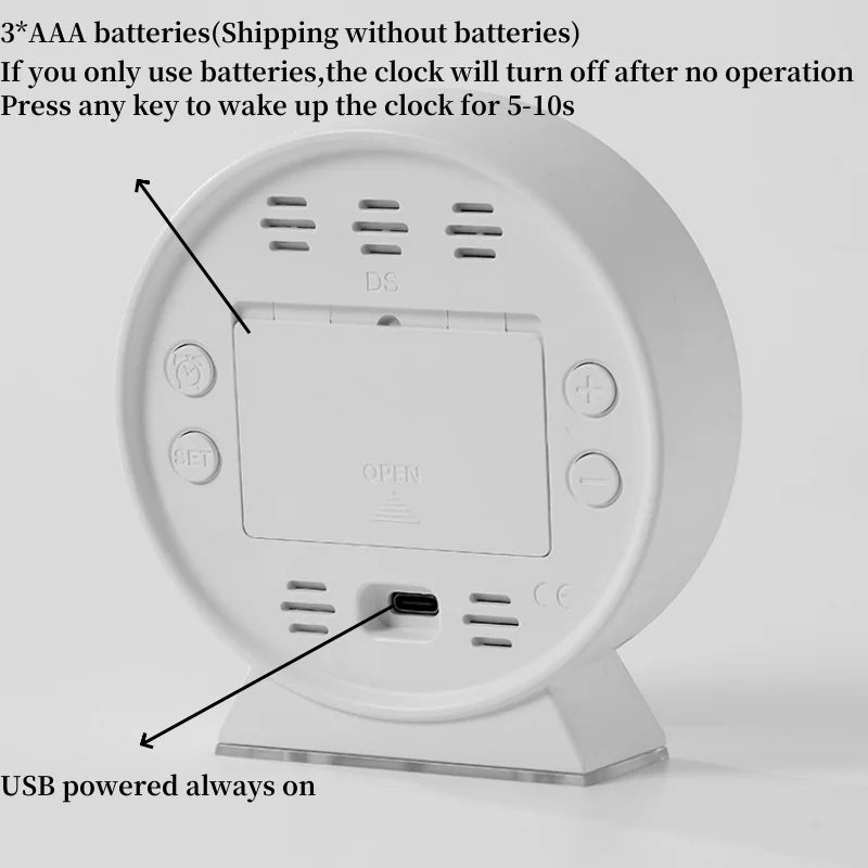 Compact LED table clock with USB cable and dual alarm feature