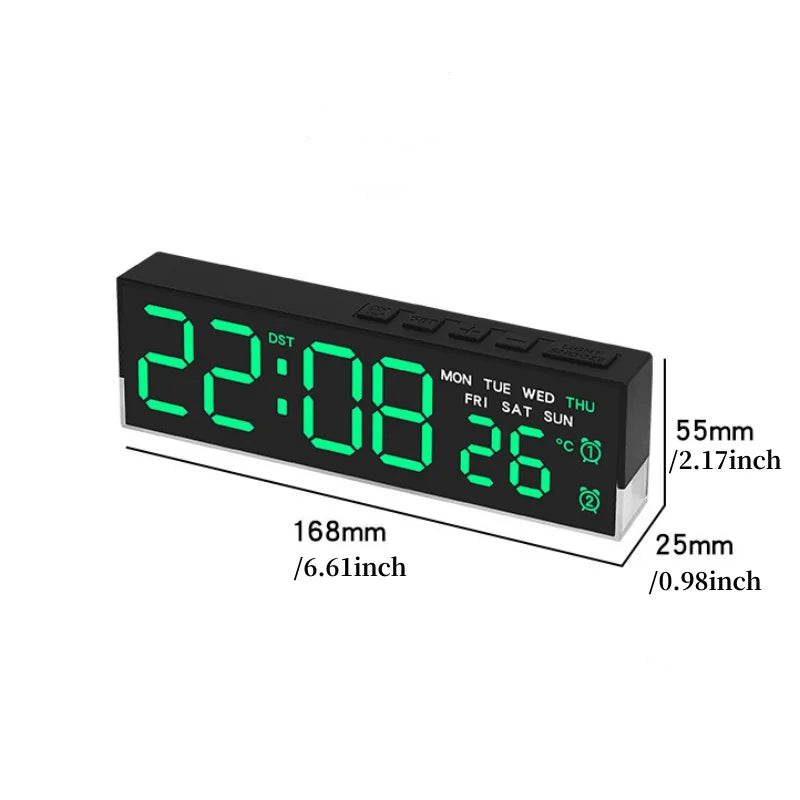 Dual alarm clock showing time temperature and day of week on LED display