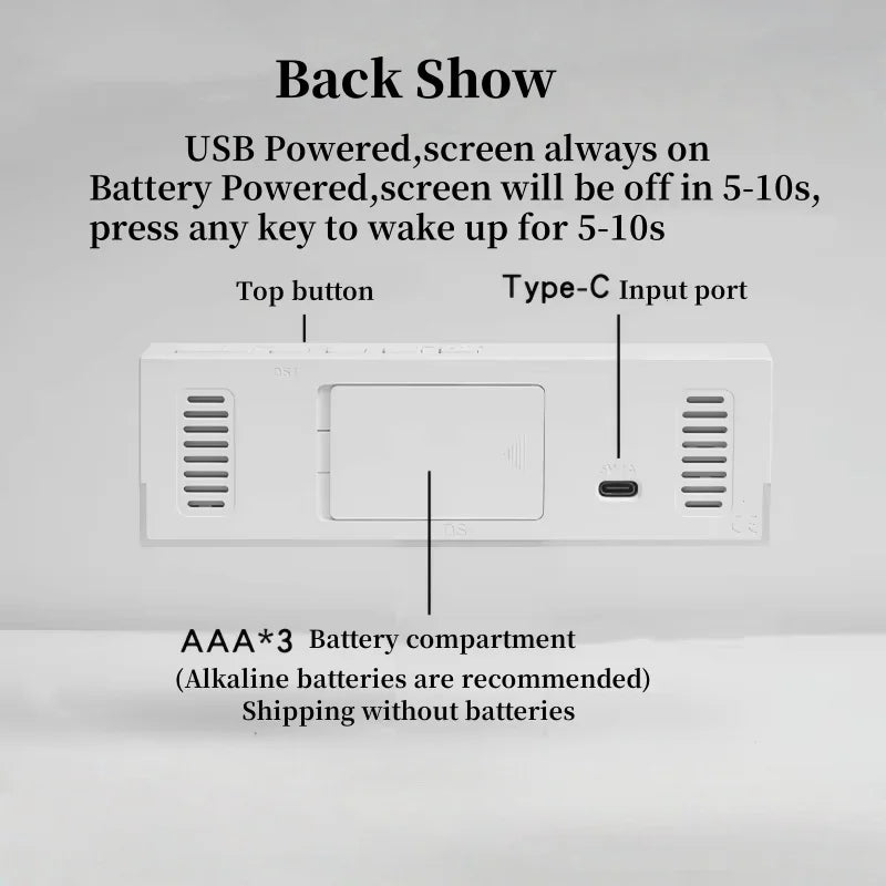 Digital bedside clock with three brightness levels and USB power cable