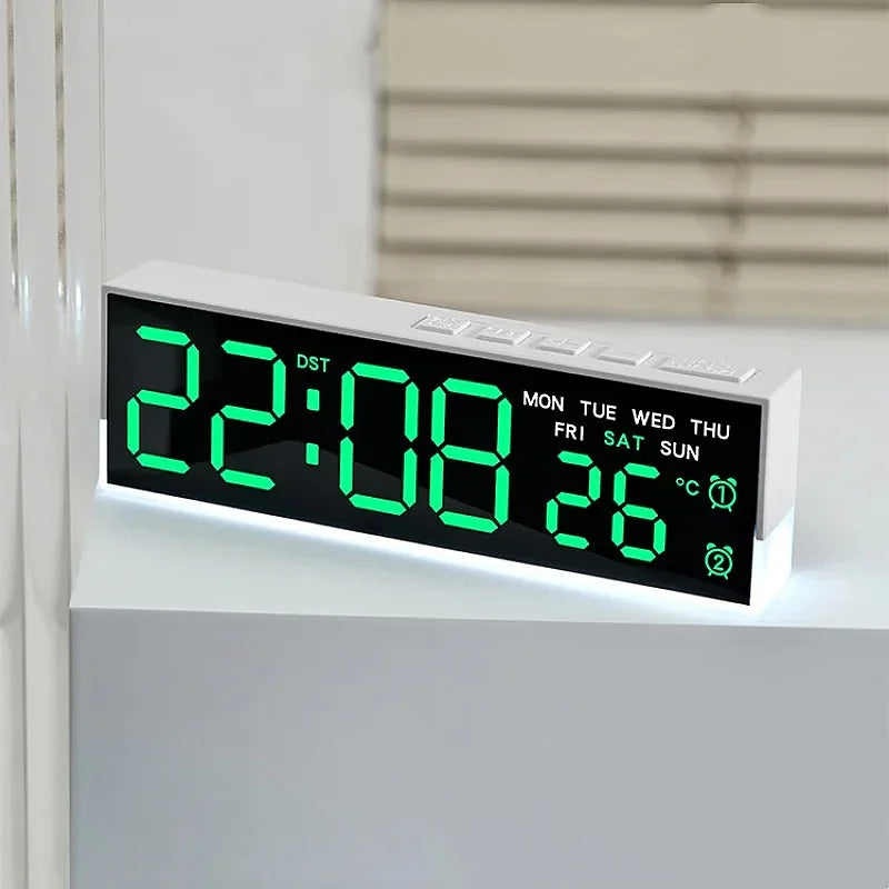 White LED alarm clock with soft ambient backlight in a modern bedroom