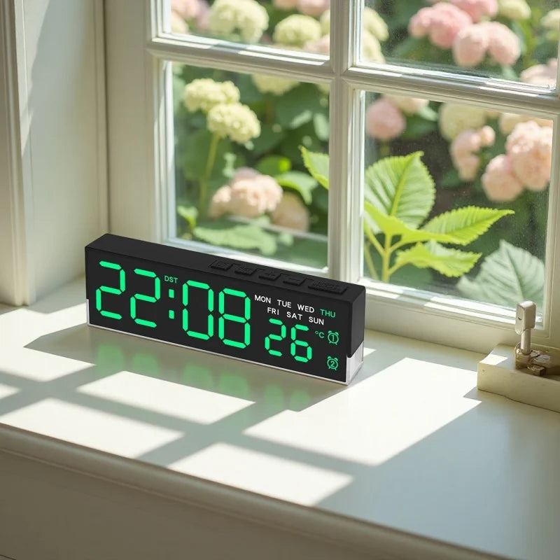 Close-up of LED clock display showing temperature and day of week