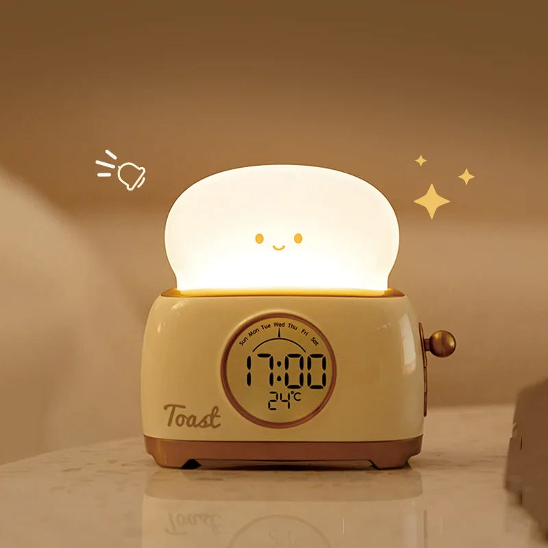 Yellow toast alarm clock showing time and temperature on LED screen