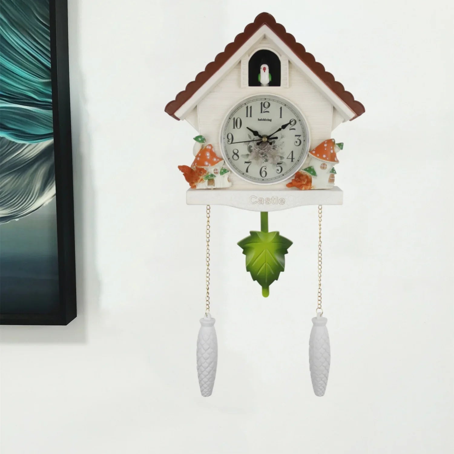 Animated cuckoo bird emerging from treehouse clock on white wall