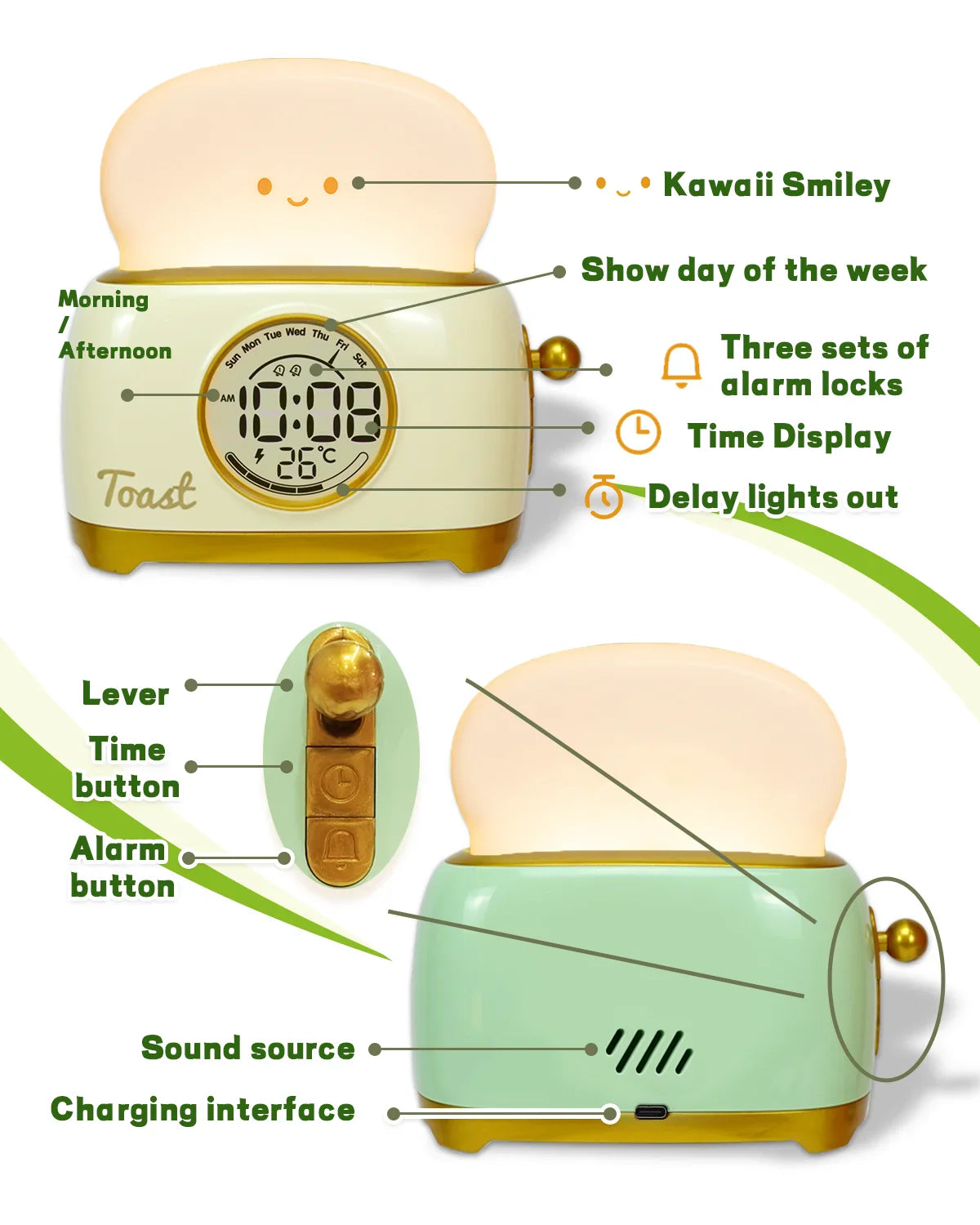 Cute Toast Alarm Clock with LED Display and Night Light