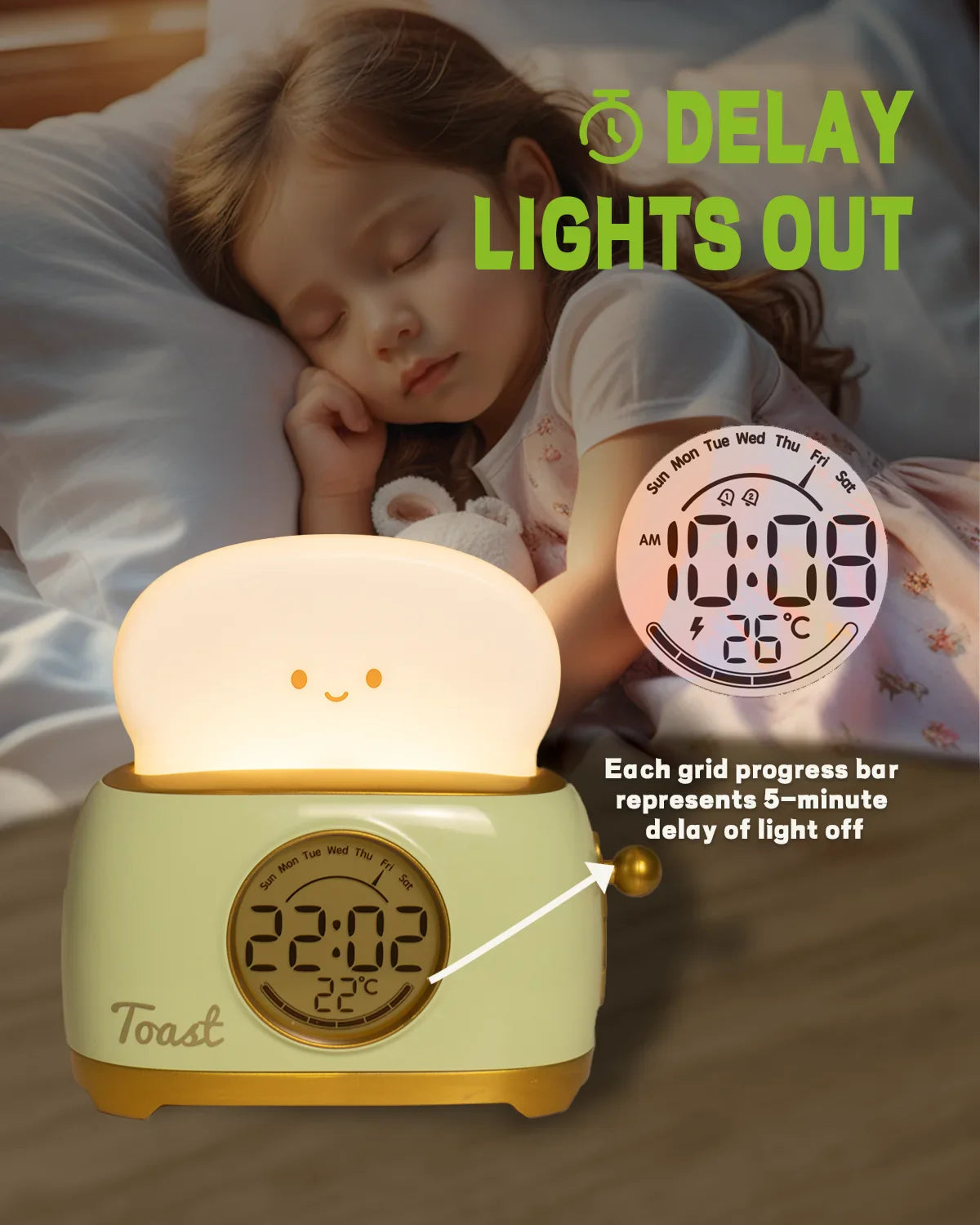 Cute Toast Alarm Clock with LED Display and Night Light