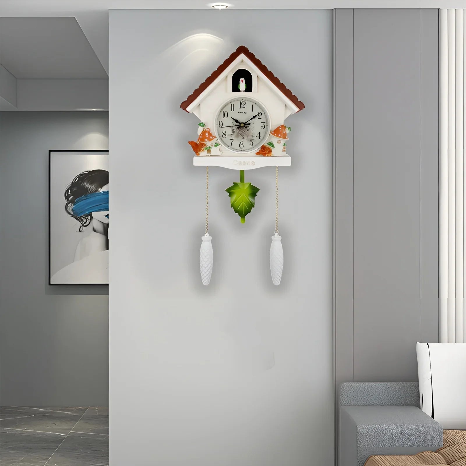 Close-up of 13 cm clock dial on nature-themed cuckoo wall clock
